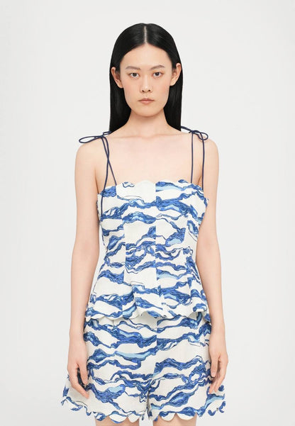 HFM Yara Tie Tank Cami Top | Petra Shorts | Sea/light blue Scallop Hem Cotton-Linen Set