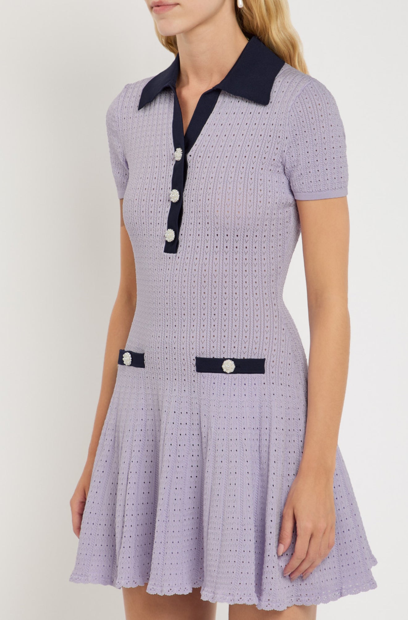 SP Pointelle Knit Contrast Collar Mini Dress in White | Lilac Purple
