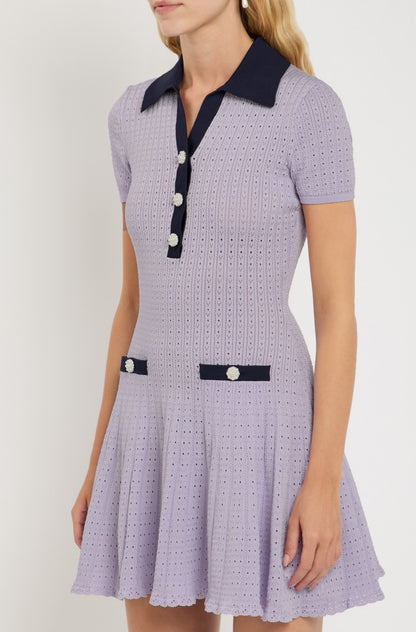 SP Pointelle Knit Contrast Collar Mini Dress in White | Lilac Purple