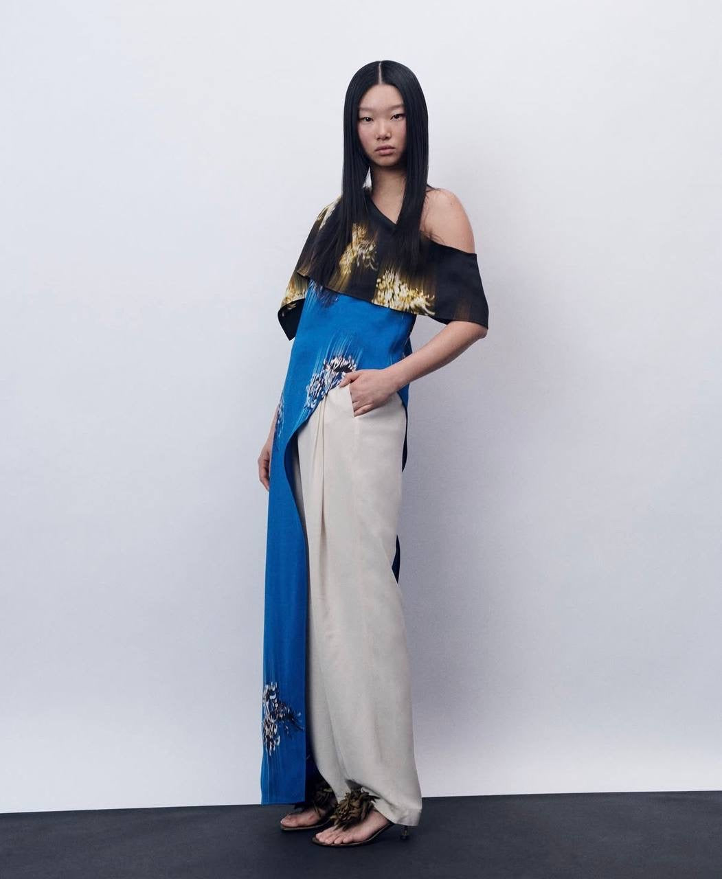 PS Haya Printed Asymmetric Draped Off Shoulder Viscose Cady Long Top
