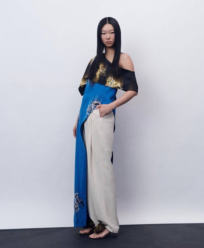 PS Haya Printed Asymmetric Draped Off Shoulder Viscose Cady Long Top