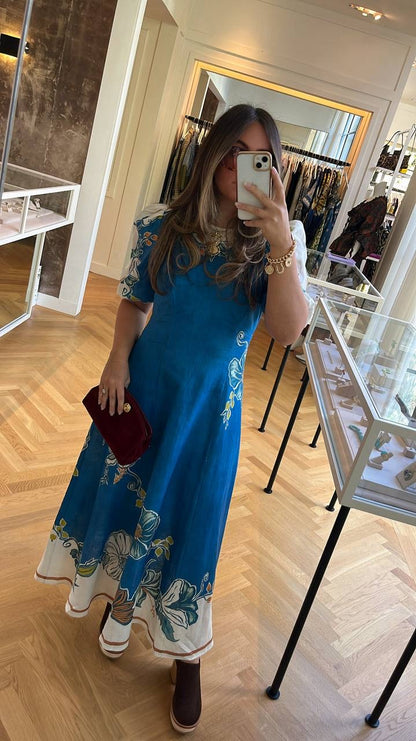 ALM Luda Floral Puff Sleeve Linen Midi Dress