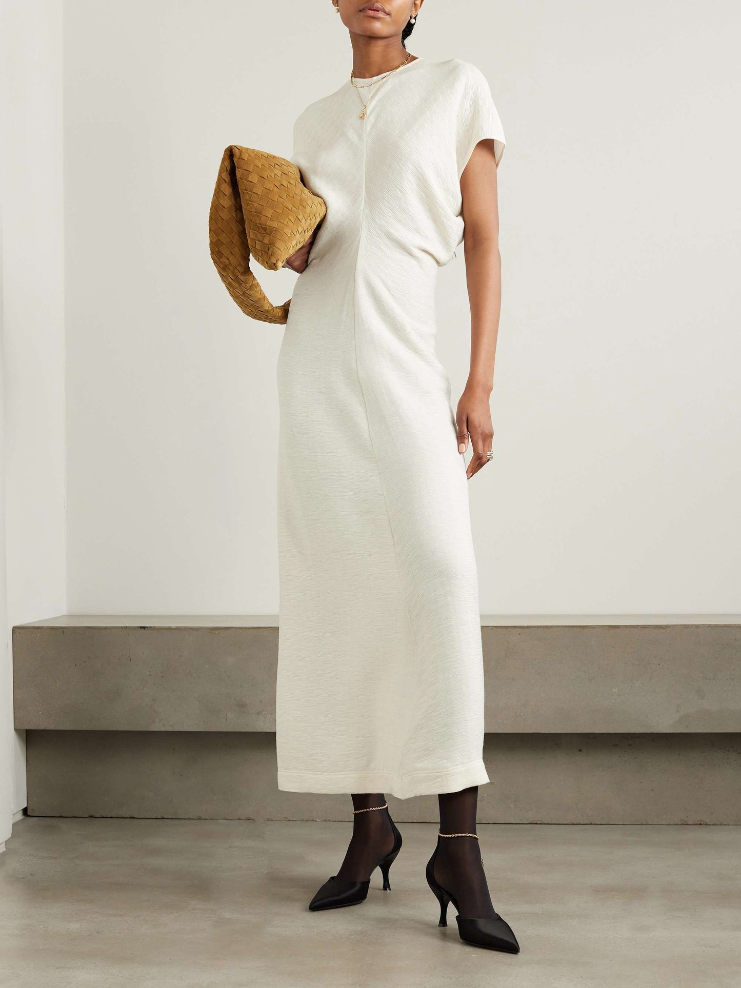 3 Colours! Tot Slouch Waist Crinkled Viscose-Blend Midi Dress