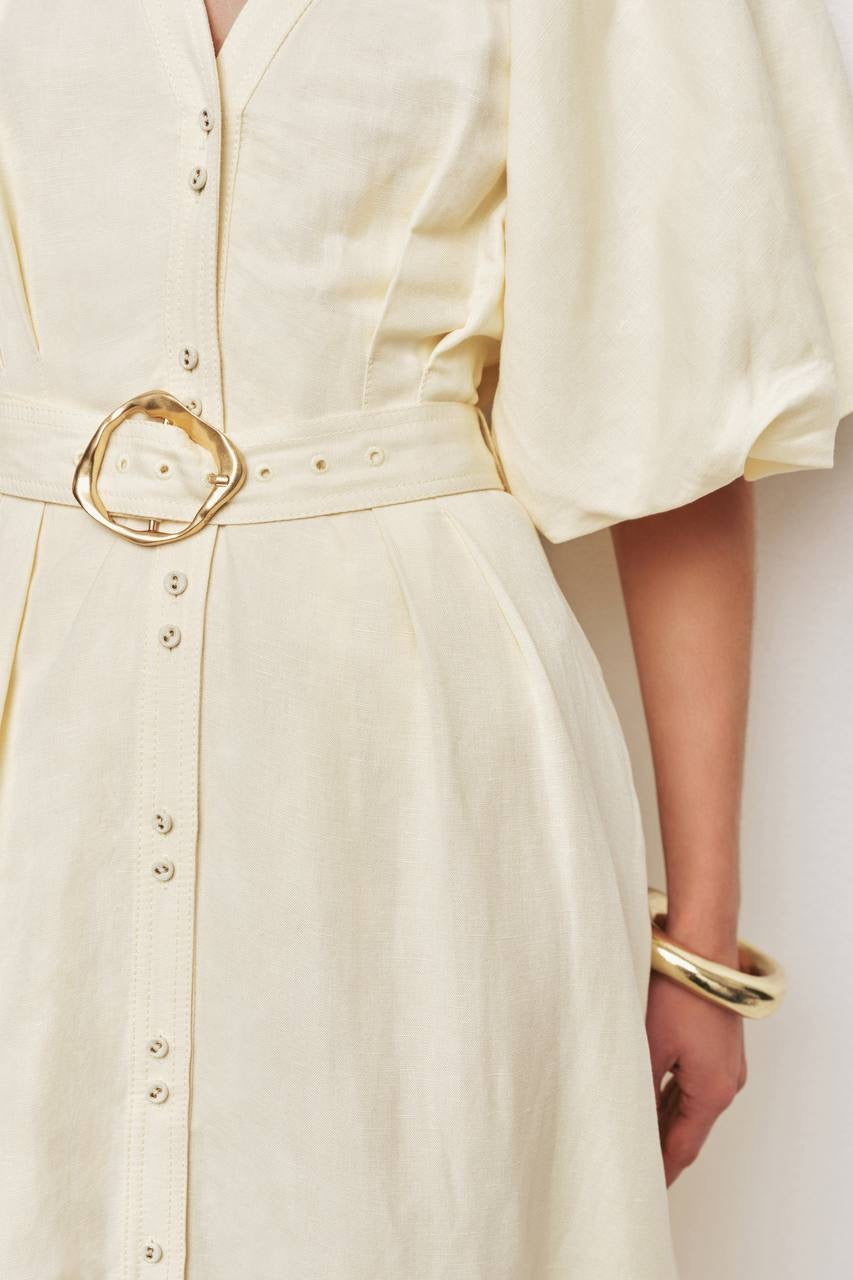 AJ Portrait Puff Sleeve Linen-blend Midi Dress