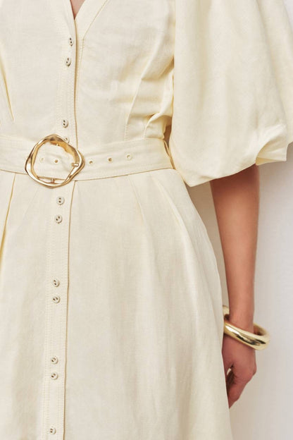 AJ Portrait Puff Sleeve Linen-blend Midi Dress