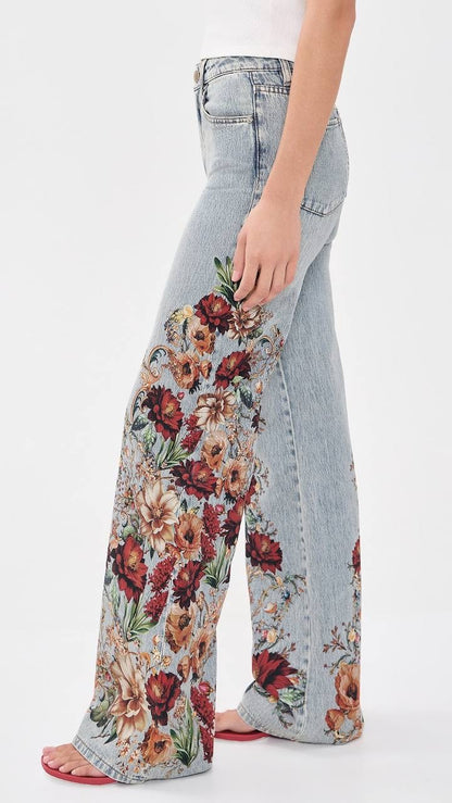 AO Chic Floral Printed High-rise Cotton Jeans