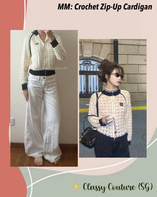 MM Cotton Crochet Zip-Up Contrast Collar Cardigan in Natural/Navy Blue