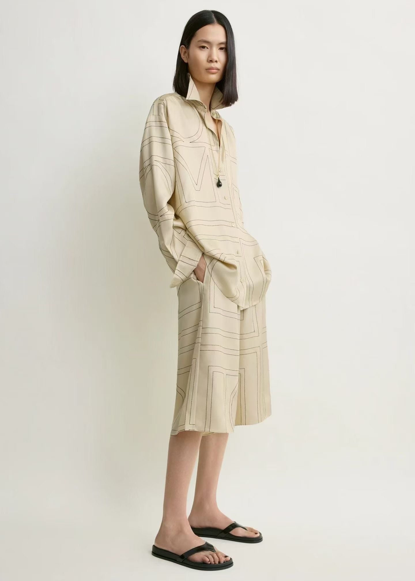 Tot Classic Monogram Embroidered Silk Satin Shirt | Bermuda Culottes Long Shorts | PJ Set