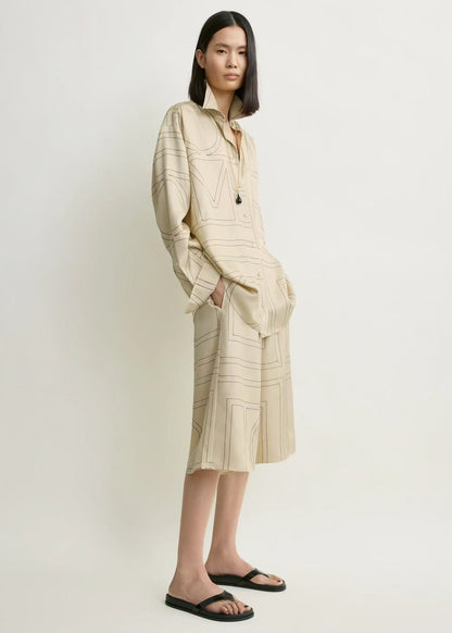Tot Classic Monogram Embroidered Silk Satin Shirt | Bermuda Culottes Long Shorts | PJ Set