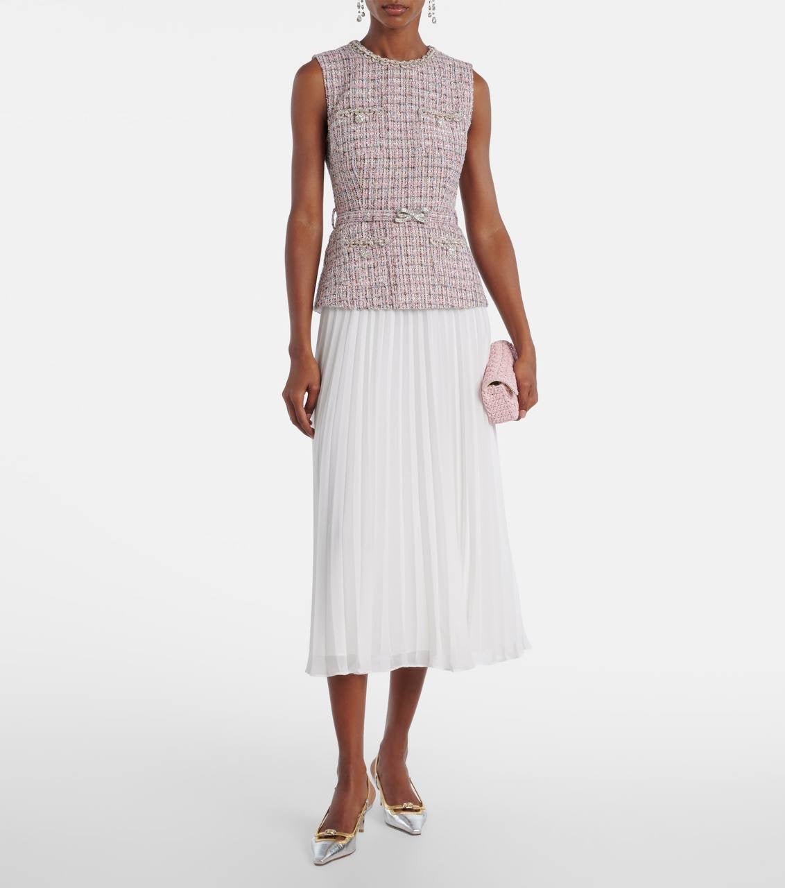 SP Pink Boucle Chiffon Collared Mini Dress | Bow Belted Midi Dress