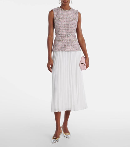 SP Pink Boucle Chiffon Collared Mini Dress | Bow Belted Midi Dress