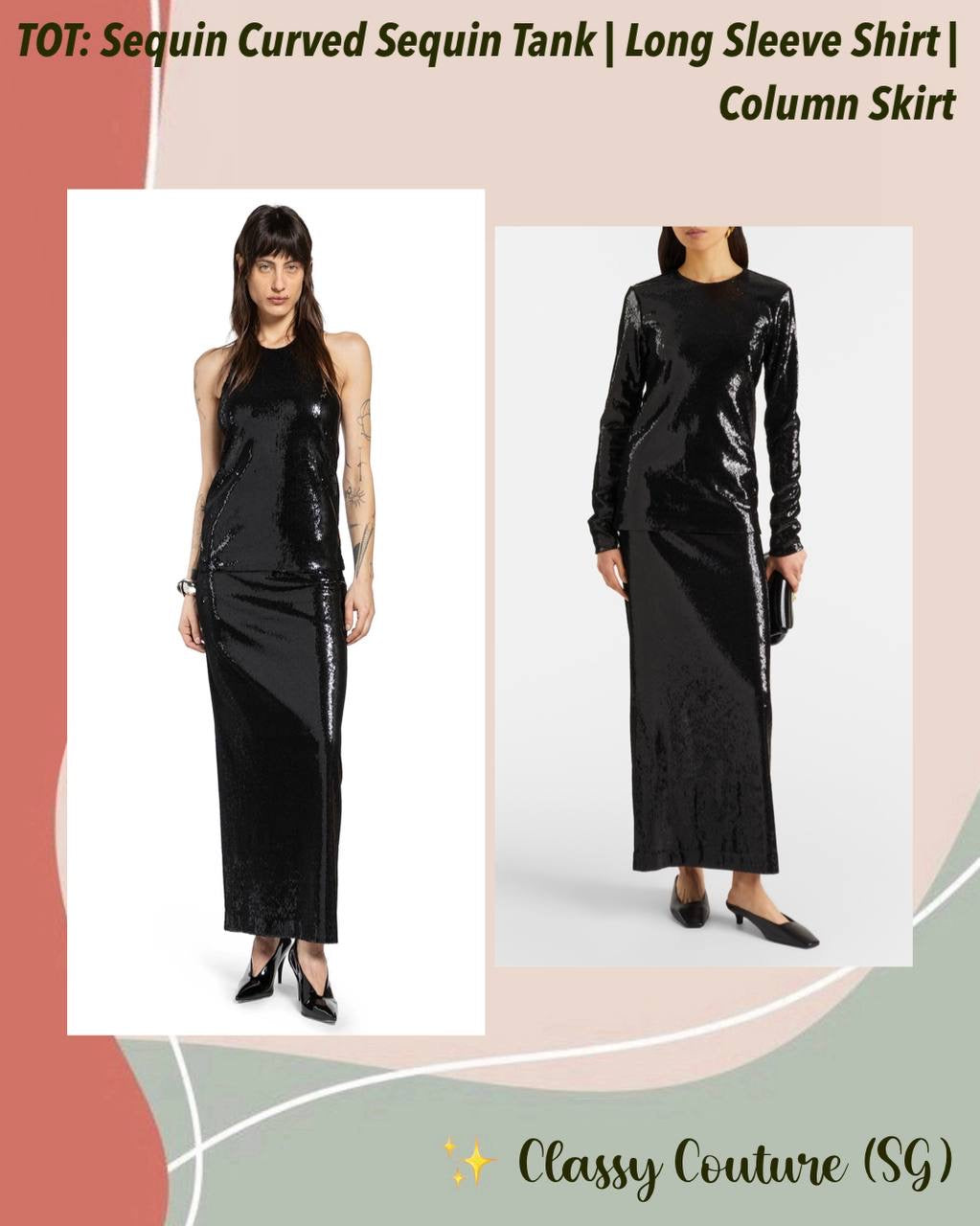 TOT Sequin Curved Sequin Tank | Long Sleeve Shirt | Low-waist Column Midi Skirt | Set