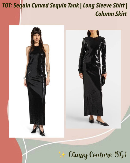 TOT Sequin Curved Sequin Tank | Long Sleeve Shirt | Low-waist Column Midi Skirt | Set