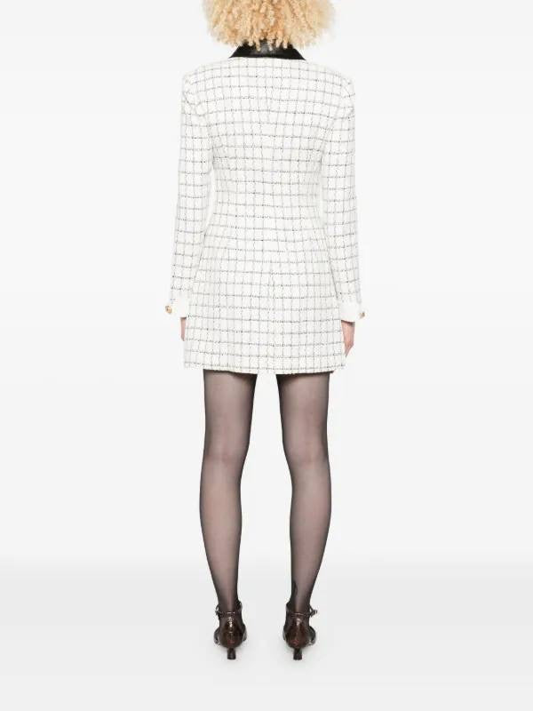 SP Check Boucle Leather Trim Long Sleeve Mini Dress