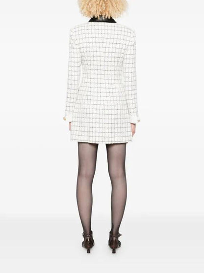 SP Check Boucle Leather Trim Long Sleeve Mini Dress