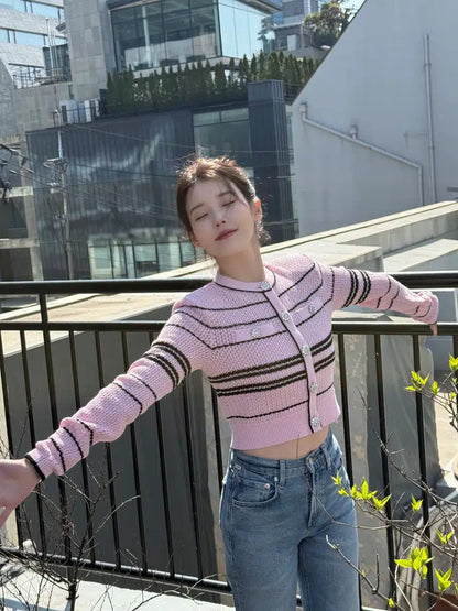 SP Pink Stripe Knit Cardigan | Mini Skirt| Jisoo Set