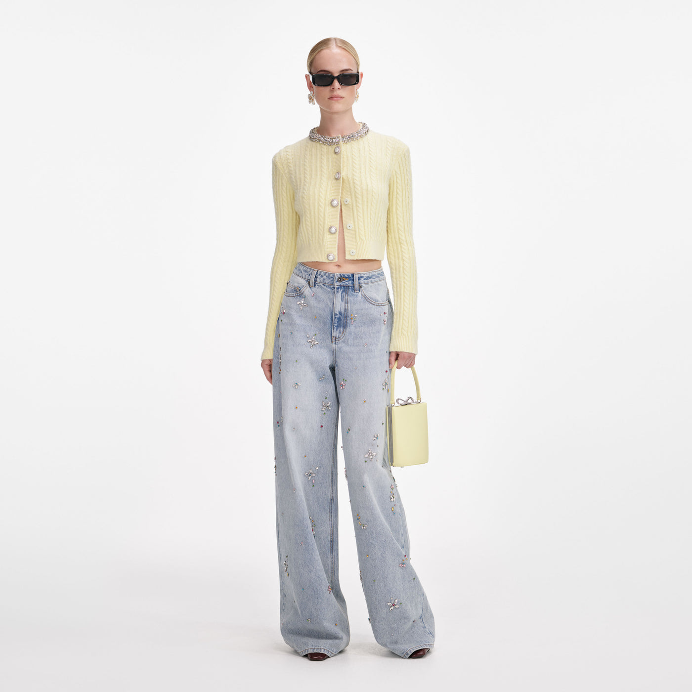 SP Yellow Wool-Alpaca Cable Knit Embellished Cropped Cardigan