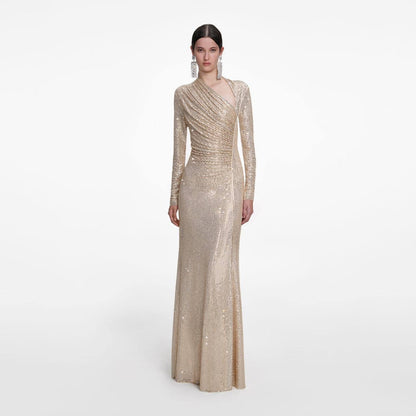 SP Champagne Rhinestone Drape Maxi Dress