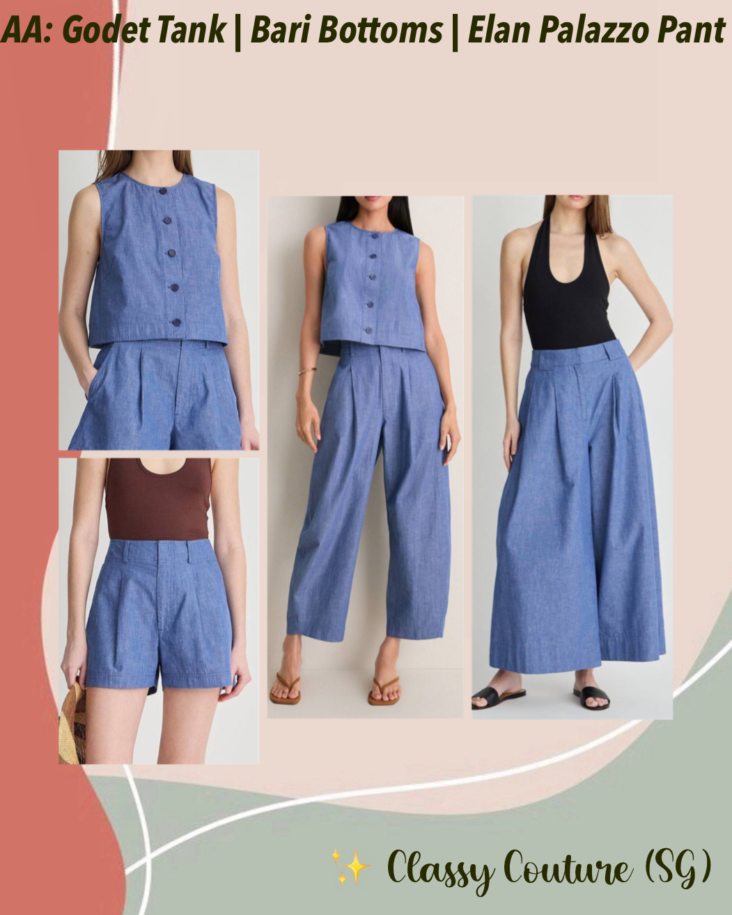 AA Godet Crop Tank Top | Bari Shorts/Crop Trousers | Elan Palazzo Pant | Chambray Blue Cotton-linen Set