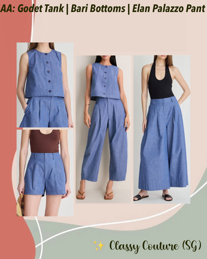 AA Godet Crop Tank Top | Bari Shorts/Crop Trousers | Elan Palazzo Pant | Chambray Blue Cotton-linen Set
