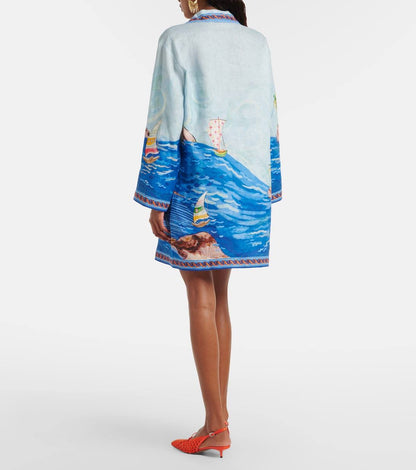 ALM Island Printed Shift Linen Mini Dress