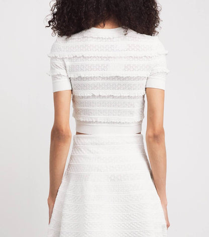SP White Pointelle Short-Sleeve Sweater Top | Midi Skirt | Set