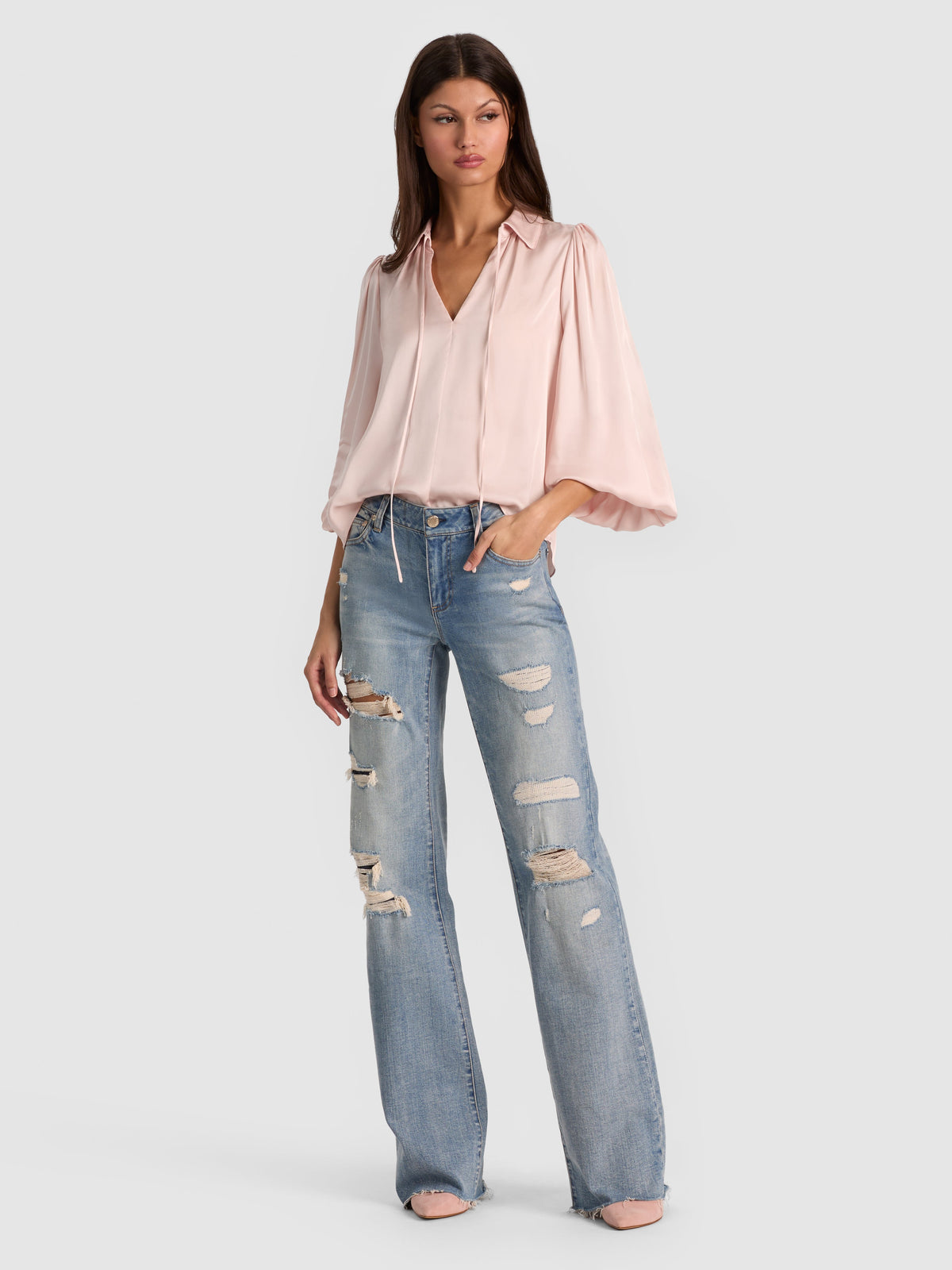 Roanne Tie-Front Viscose-blend Satin Long Sleeve Blouse Top in Blush Pink