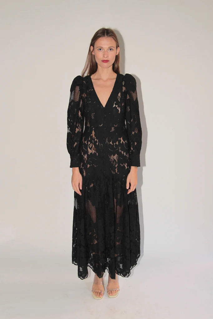 ML Penny Sheer Long Sleeve Cotton-Blend Lace Midi Maxi Dress in Black