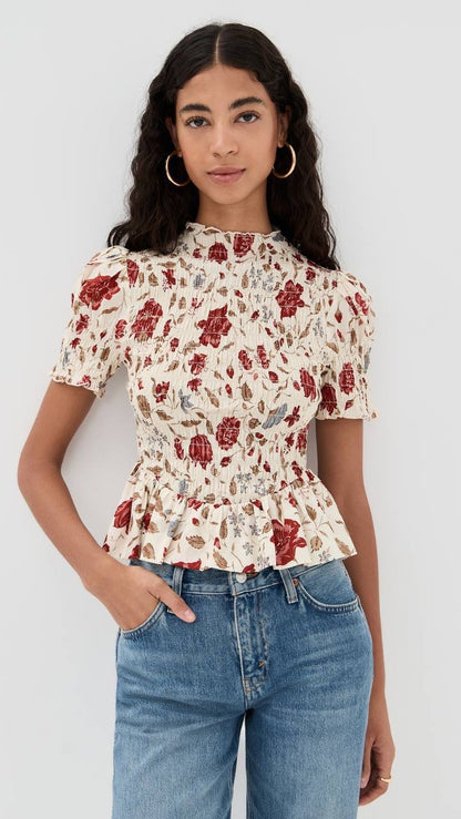 Ref Aggie Puff-Sleeve Smocked Peplum Top
