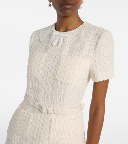 Cream Boucle and Taffeta Short Sleeve Midi Dress with Lace-trim Collar