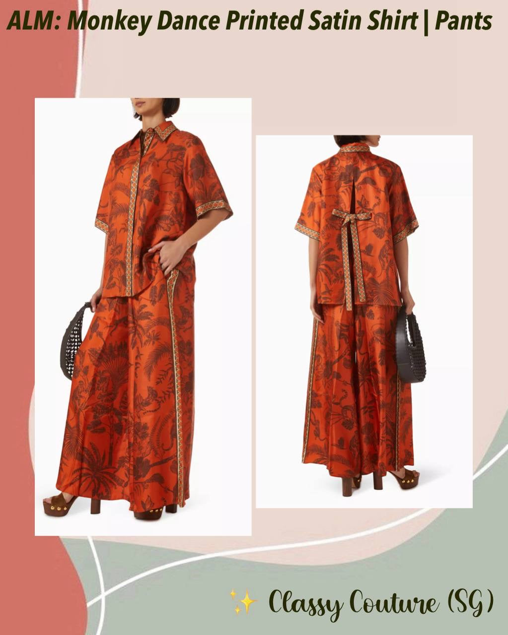 ALM Monkey Dance Printed Silk Satin Shirt | Pants | Set