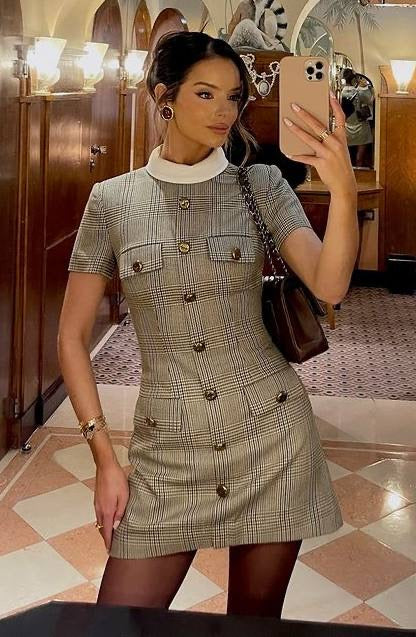 SP Check Wool Short-sleeved Mock neck Mini Dress