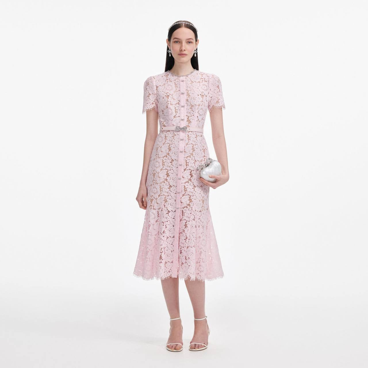SP Pink Lace Bow Trim Midi Dress