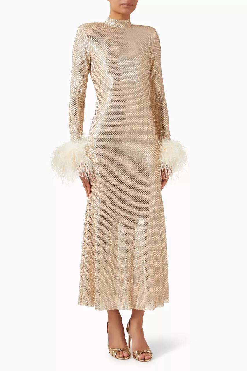 SP Champagne Rhinestone Feather Midi Dress