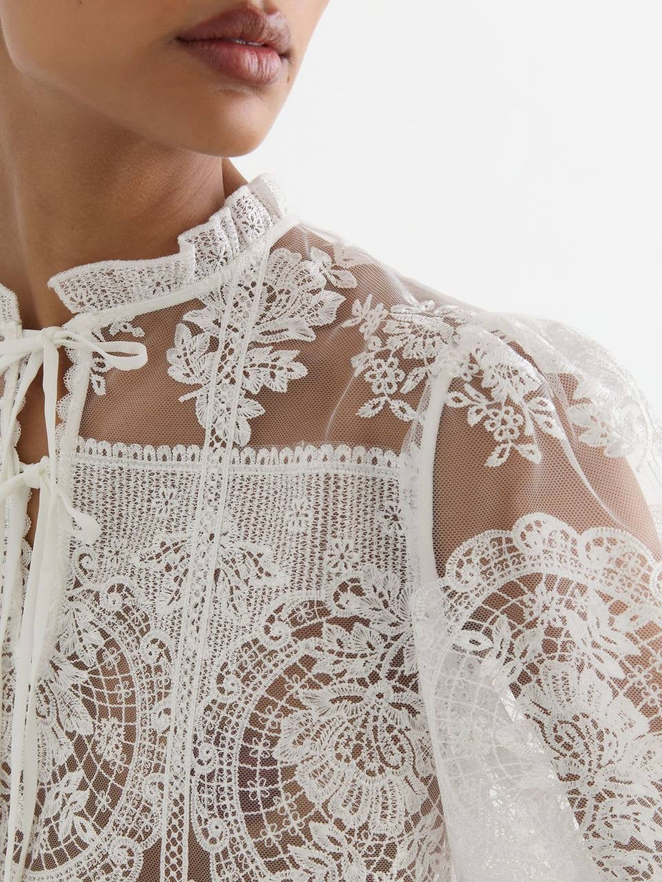 RS Demi Sheer Lace Tie-Neck Blouse Top