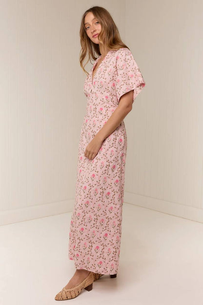 PN Ava Linen-cotton Midi Maxi Dress in Luxembourg Tile Pink Floral