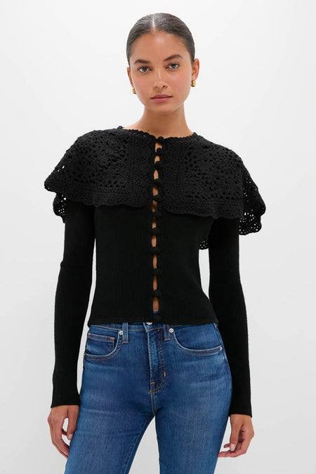 SE Black Nara Crochet Long Sleeve Cardigan Top With Capelet