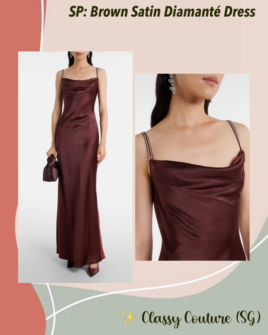 SP Brown Satin Diamante Cowl Maxi Dress