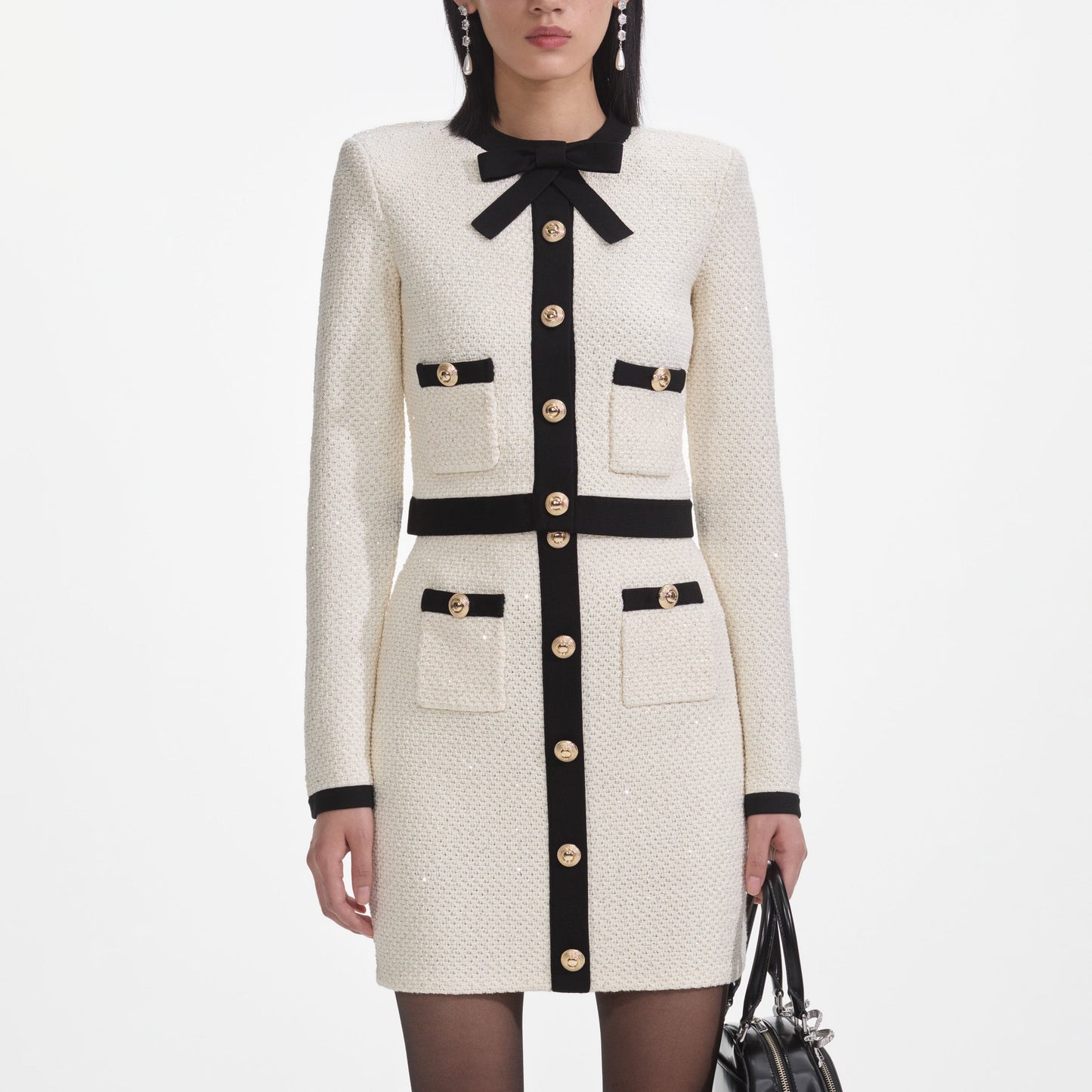 SP Cream Sequin Pussy Bow Cardigan | Knit Mini Skirt | Set