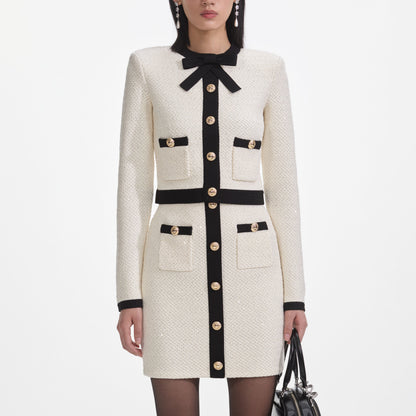 SP Cream Sequin Pussy Bow Cardigan | Knit Mini Skirt | Set
