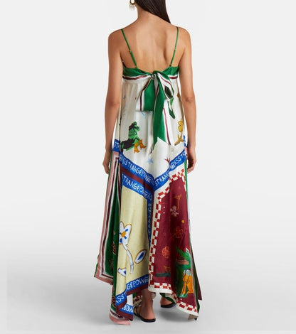 ALM021 Green Eclectic Patchwork Handkerchief Silk Maxi Dress Sundress