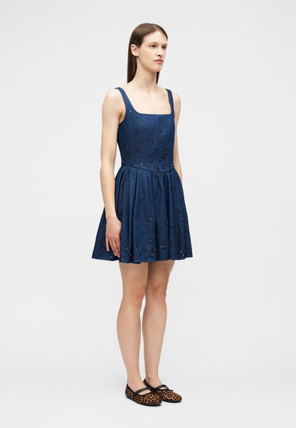 MJ Robradito Flared Embroidered Denim Mini Dress