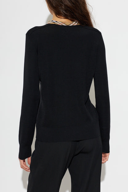 Check-trim Collar Wool Crewneck Cardigan