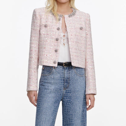 SP Pink Sequin Boucle Jacket | Bow Sleeveless Shift Mini Dress | Set