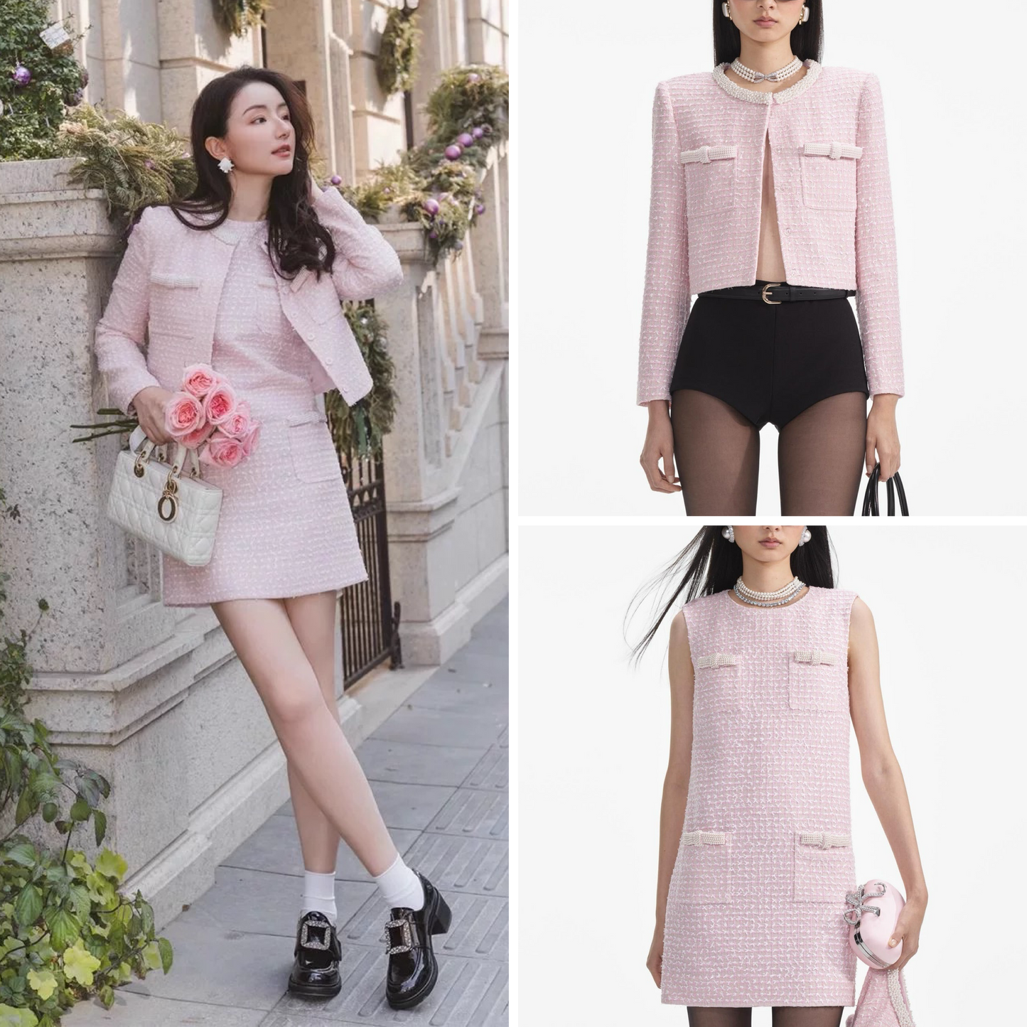 SP Pink Boucle Pearl Trim Jacket | Shift Mini Dress | Set