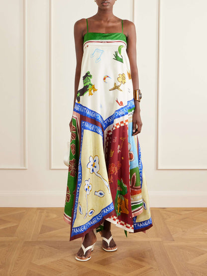 ALM021 Green Eclectic Patchwork Handkerchief Silk Maxi Dress Sundress