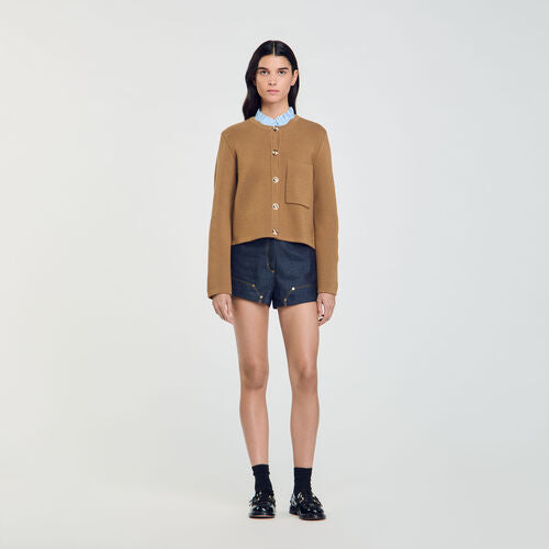 SD Ruffled High Neck Cardigan | Wool-Blend Coatigan with removable collar