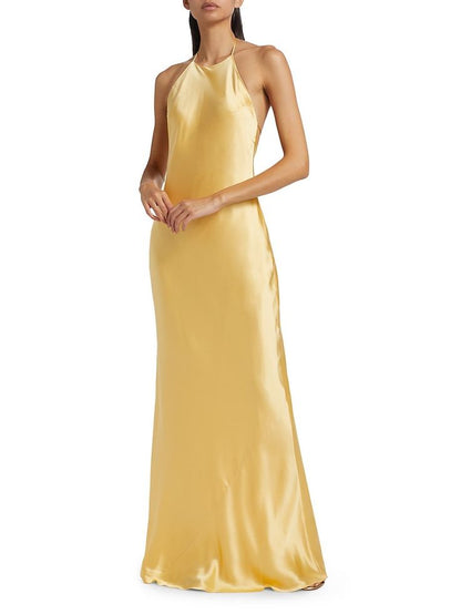 Yellow Jeany Silk Halter Maxi Dress Gown