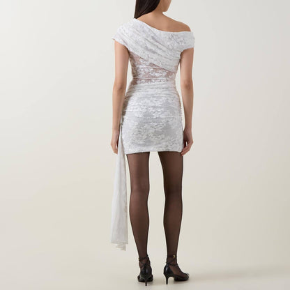 SP White Rhinestone One-Shoulder Stretch-Woven Mini Dress