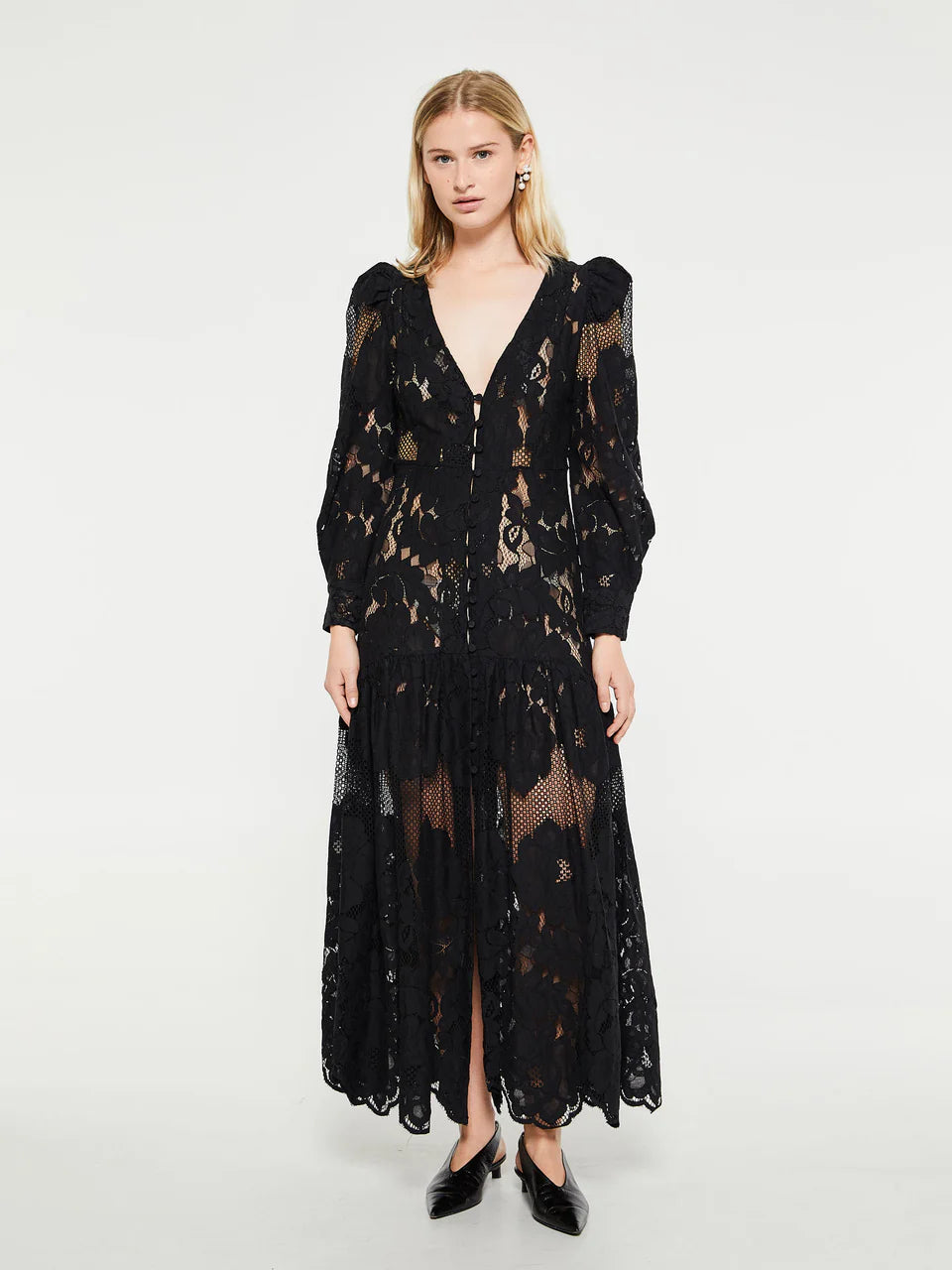 ML Penny Sheer Long Sleeve Cotton-Blend Lace Midi Maxi Dress in Black